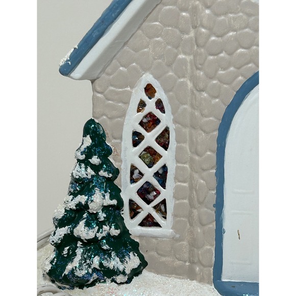 Vintage Ceramic Light Up winter Church Village Blue Steeple Stained Glass Look - Picture 10 of 16